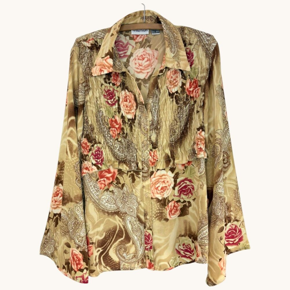 Millenium Women's Plus Long-Sleeve Boho Warm Tones Floral Blouse
